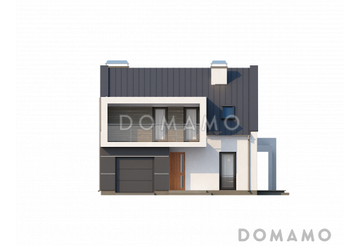 Проект просторного современного одноэтажного дома из газобетона  с мансардой, с двумя балконами в кровле и встроенным гаражом  / Фасад 1