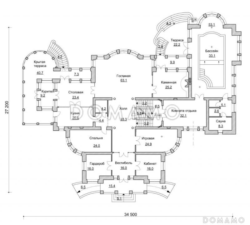 Проект представительного особняка / План 1 этажа