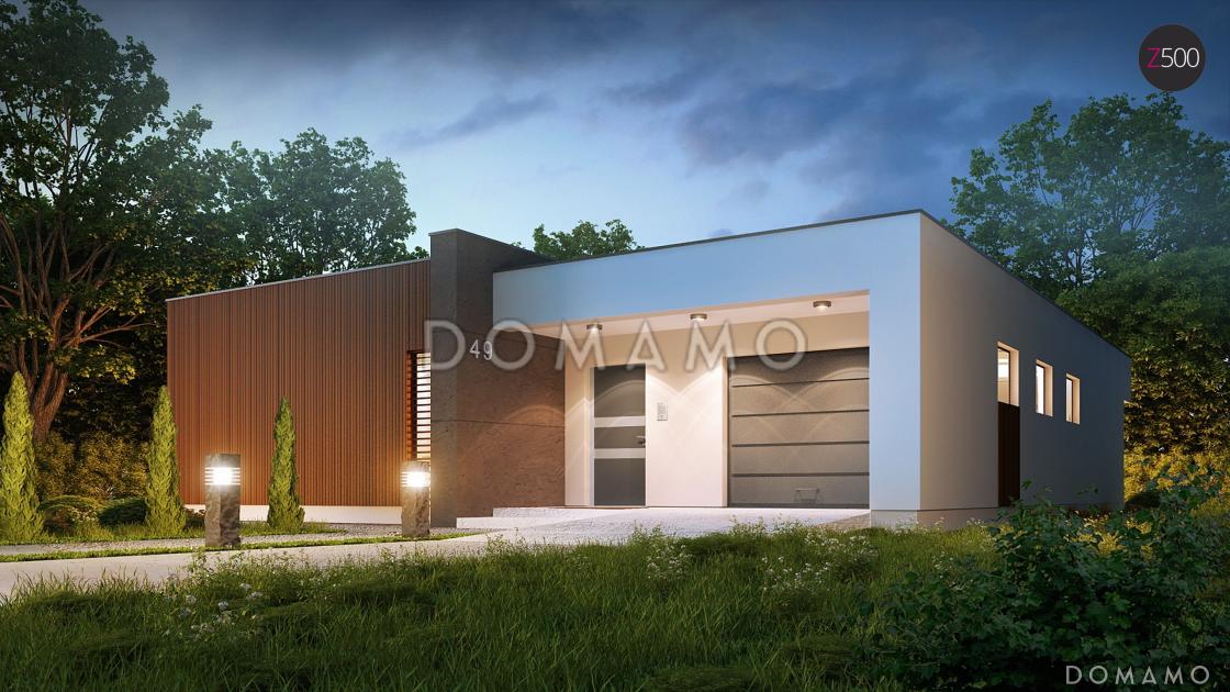 Проект современного одноэтажного дома из газобетона с плоской крышей с тремя спальнями и гаражом  / 2