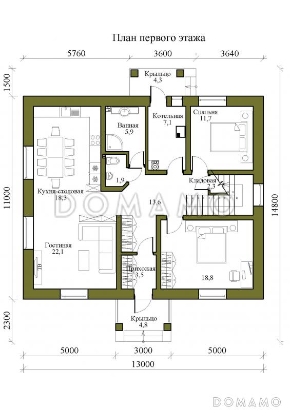 Проект двухэтажного дома с мастер-спальней и кабинетом / План 1 этажа