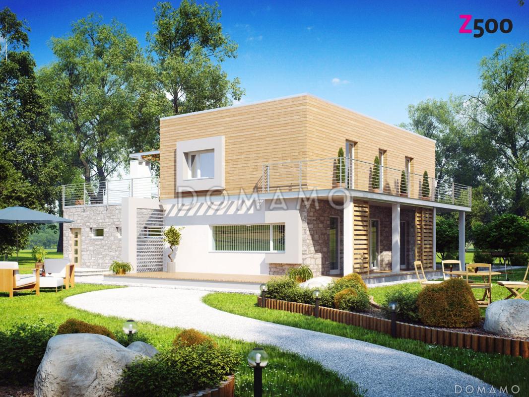 Проект современного двухэтажного дома с плоской крышей из кирпича с четырьмя спальнями, гаражом и просторной террасой над ним / 1