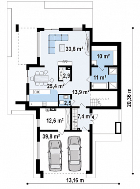Проект просторного двухэтажного дома из кирпича с четырьмя спальнями,  гаражом и сауной / План 1 этажа