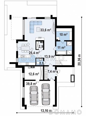 Проект просторного двухэтажного дома из кирпича с четырьмя спальнями,  гаражом и сауной / План 1 этажа