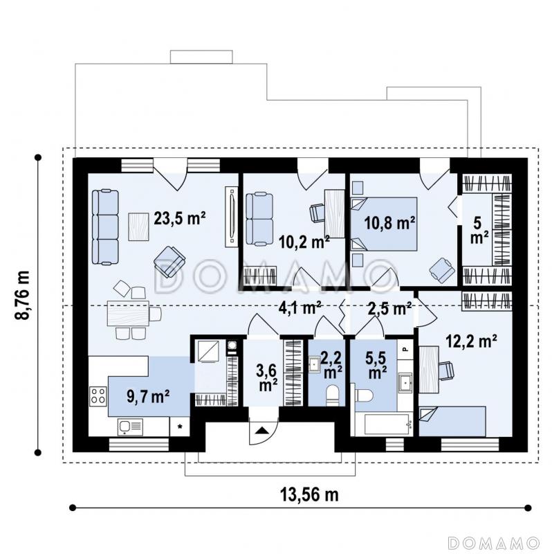 Проект одноэтажного дома с двумя санузлами и тремя комнатами, окном на кухне / План 1 этажа