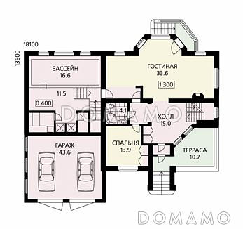 Проект классического дома с эркером, гаражом на два автомобиля, бильярдной, бассейном на первом этаже / План 1 этажа Проект классического дома с эркером, гаражом на два автомобиля, бильярдной, бассейном на первом этаже / План 1 этажа