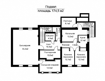 Проект загородного дома с большой бильярдной / План цокольного этажа Проект загородного дома с большой бильярдной / План цокольного этажа