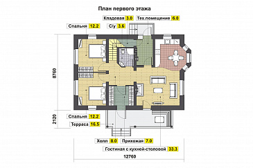 Проект дома с двумя спальнями на первом этаже, эркером, крытой террасой / План 1 этажа Проект дома с двумя спальнями на первом этаже, эркером, крытой террасой / План 1 этажа
