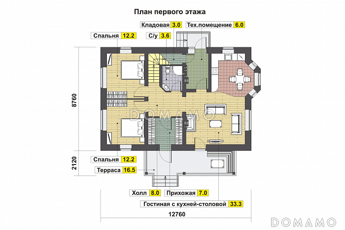 Проект дома с двумя спальнями на первом этаже, эркером, крытой террасой / План 1 этажа Проект дома с двумя спальнями на первом этаже, эркером, крытой террасой / План 1 этажа