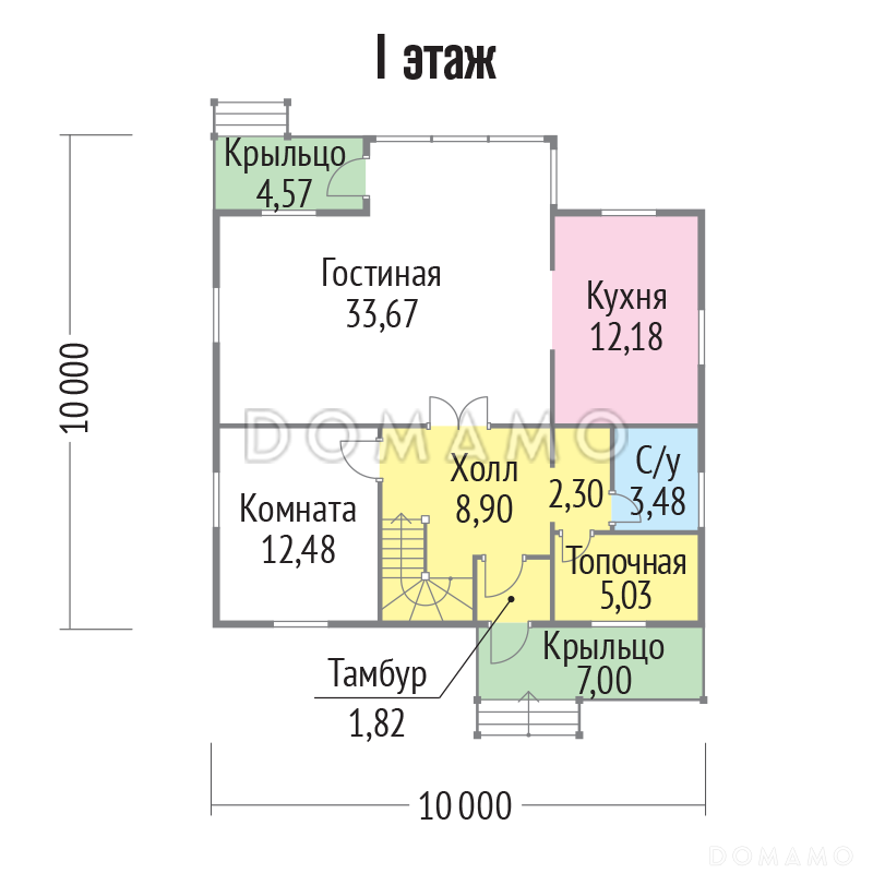 Проект каркасного дома 10х10 с топочной / План 1 этажа