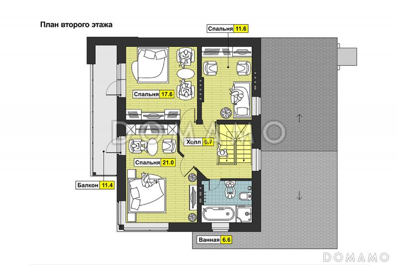 Проект дома с кухней-столовой с выходом на террасу, двумя спальнями на первом этаже, длинным балконом / План мансардного этажа