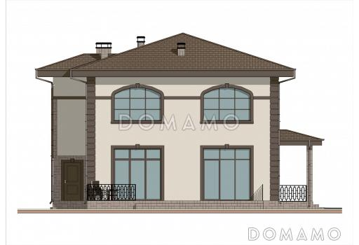 Проект двухэтажного дома из газобетона с 5 спальнями, сауной и гаражом на 1 машину / Фасад 2