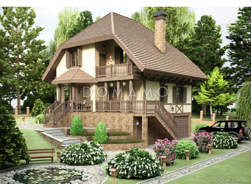 Проект дома на рельефе в стиле фахверк с гаражом в подвале / 1