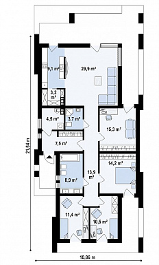 Проект одноэтажного дома из кирпича с плоской крышей, с четырьмя спальнями и крытыми террасами / План 1 этажа