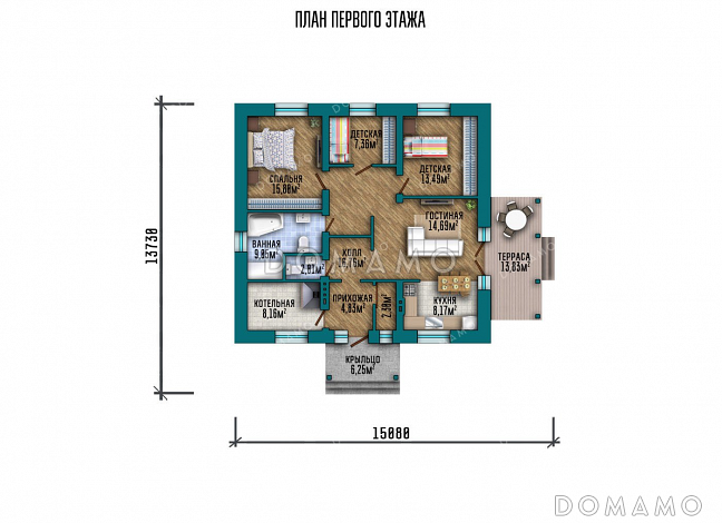 Проект одноэтажного дома с просторной террасой  / План 1 этажа Проект одноэтажного дома с просторной террасой  / План 1 этажа