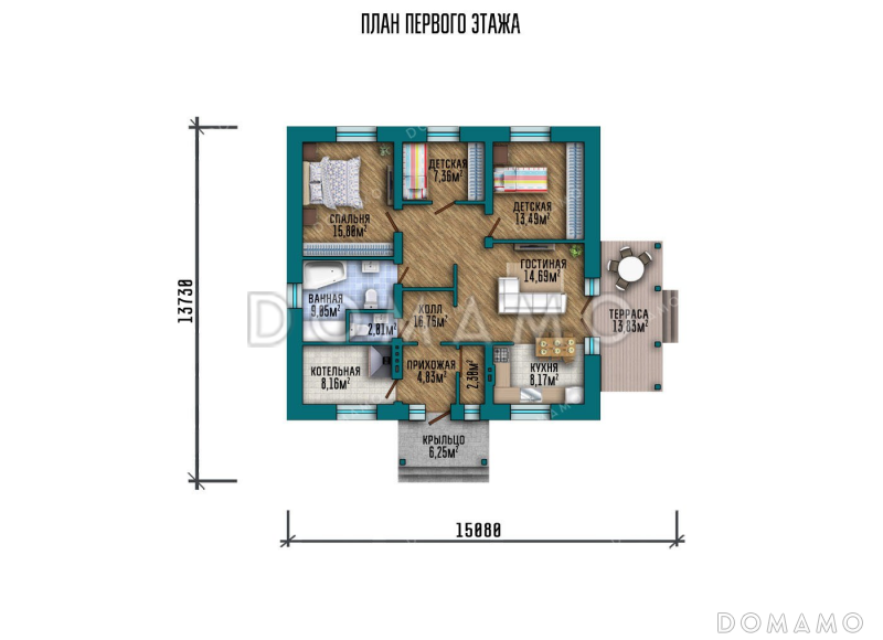 Проект одноэтажного дома с просторной террасой  / План 1 этажа