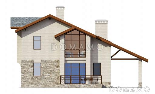 Проект загородного дома с открытой террасой и навесом для автомобиля, панорамными окнами / Фасад 1