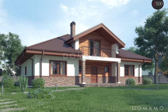 Проект одноэтажного дома из кирпича с мансардой и балконом и зоной барбекю на террасе