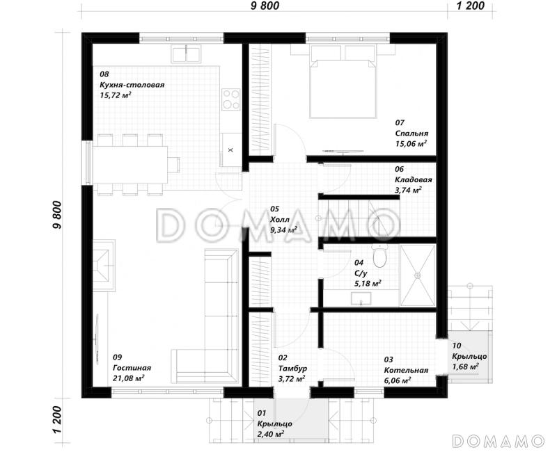 Проект двухэтажного дома в европейском стиле по каркасной технологии со вторым светом  / План 1 этажа Проект двухэтажного дома в европейском стиле по каркасной технологии со вторым светом  / План 1 этажа