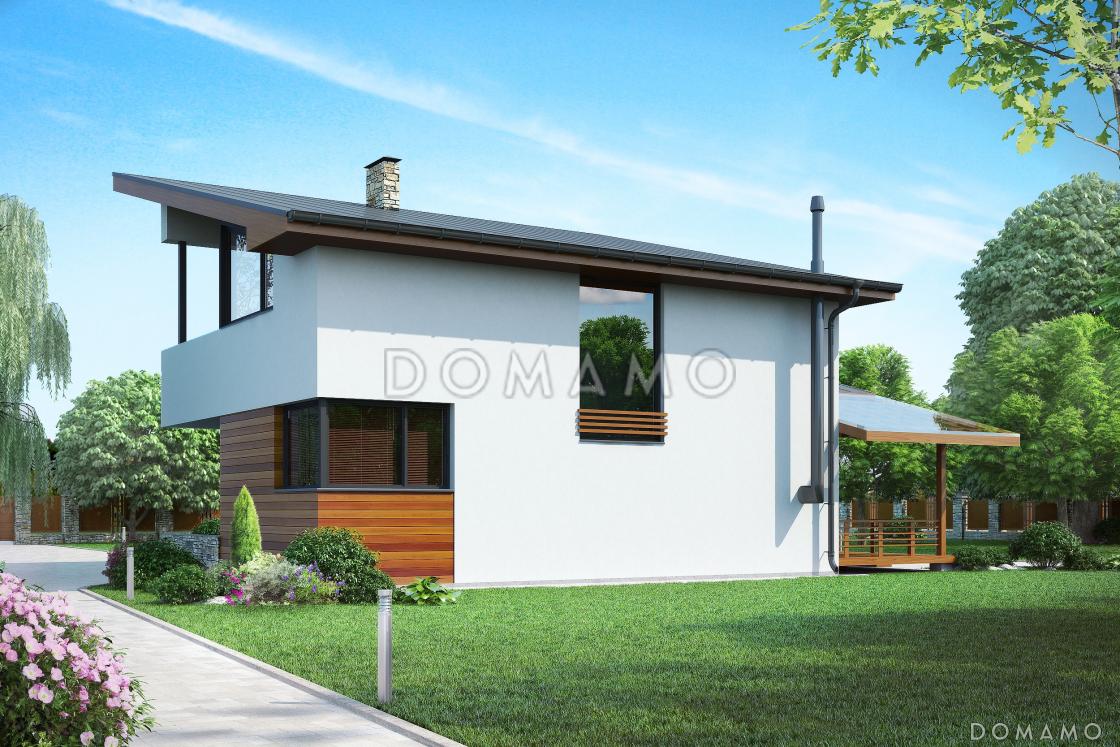 Проект дома из СИП панелей с навесом на две машины, крытой террасой, спальней на первом этаже, балконом / 1