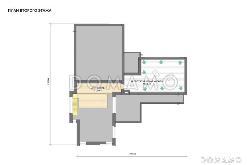 Проект кирпичного дома в стиле хай-тек с эксплуатируемой кровлей, вторым светом и просторной террасой / План 2 этажа
