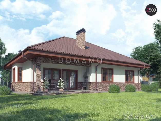 Проект одноэтажного дома из кирпича с мансардой и балконом и зоной барбекю на террасе