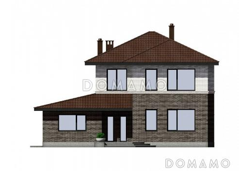 Проект двухэтажного дома с широким крыльцом, отдельным блоком для гостей, террасой / Фасад 1