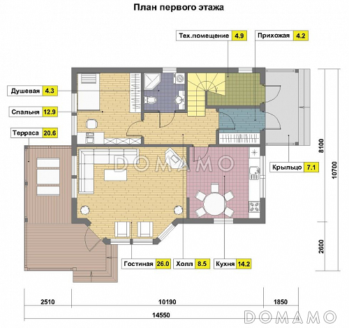 Проект каркасного дома с эркером / План 1 этажа Проект каркасного дома с эркером / План 1 этажа