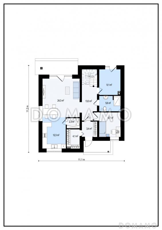 Проект современного двухэтажного дома из кирпича с четырьмя комнатами, большим тех помещением и балконом / План 1 этажа