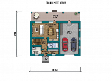 Проект одноэтажного дома с мансардой, гаражом на два автомобиля и большой террасой / План 1 этажа Проект одноэтажного дома с мансардой, гаражом на два автомобиля и большой террасой / План 1 этажа