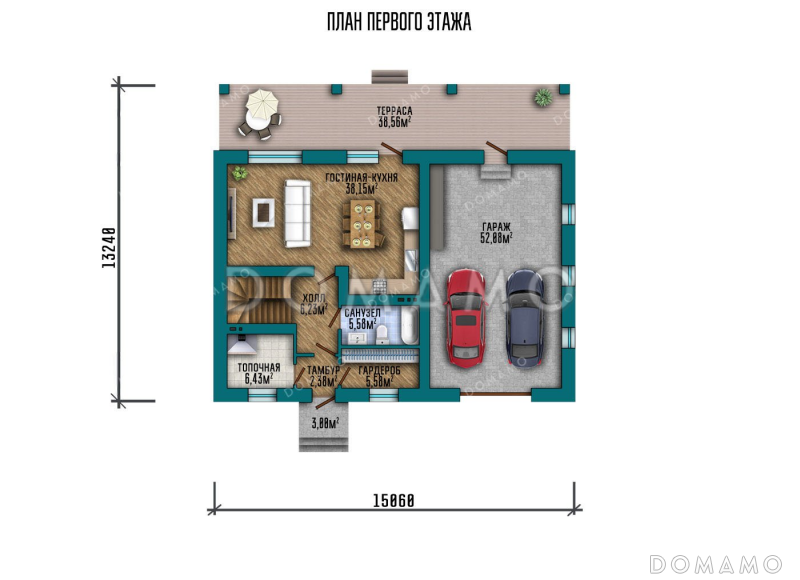 Проект одноэтажного дома с мансардой, гаражом на два автомобиля и большой террасой / План 1 этажа