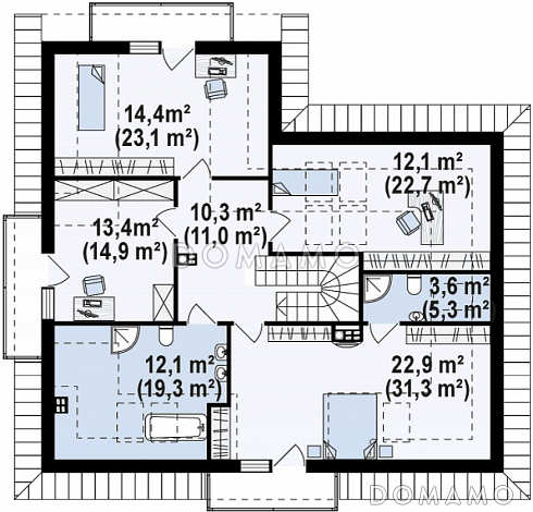 Проект просторного одноэтажного мансардного коттеджа из кирпича с гостевой спальней на первом этаже, кабинетом и гаражом / План мансардного этажа