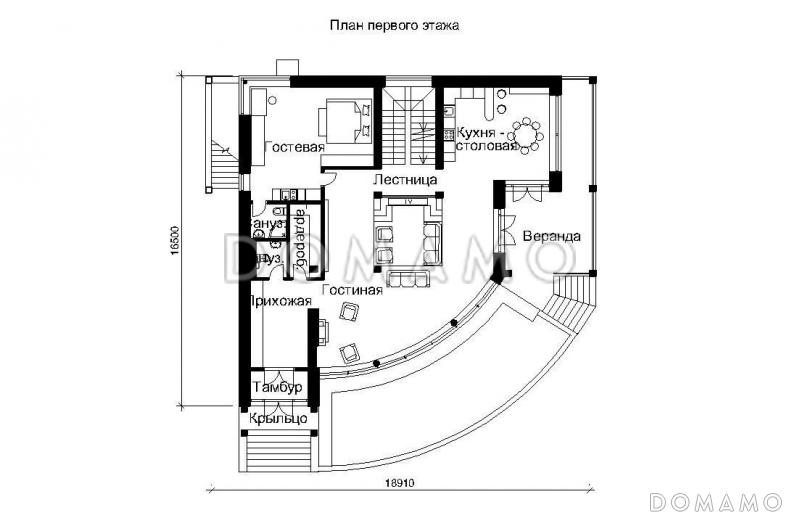 Проект трехэтажного дома с панорамными стеклами / План 1 этажа