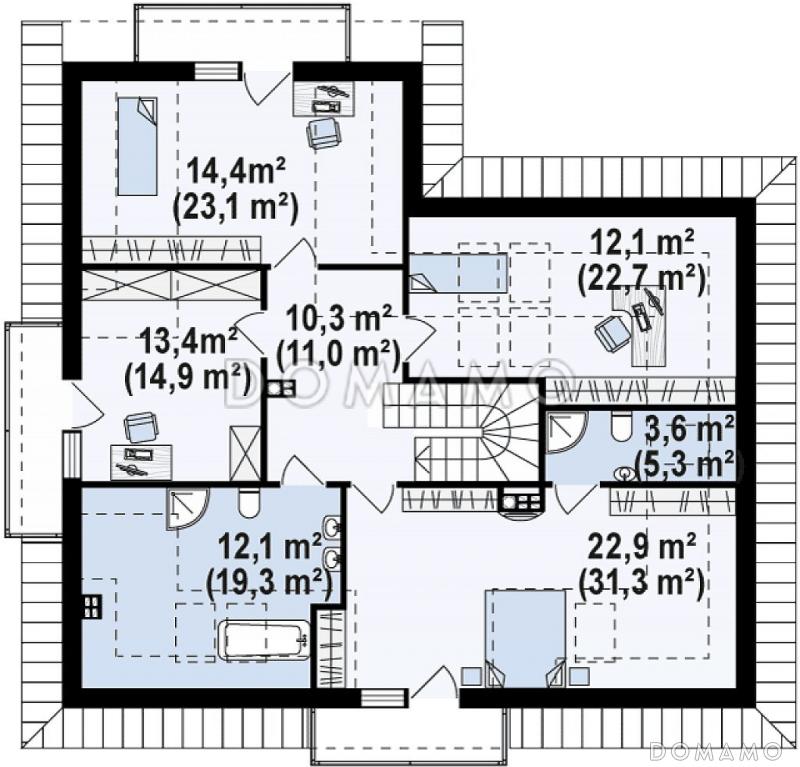 Проект просторного одноэтажного мансардного коттеджа из кирпича с гостевой спальней на первом этаже, кабинетом и гаражом / План мансардного этажа