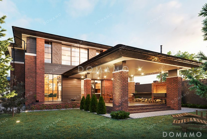 Проект двухэтажного дома с подвалом и навесом для авто