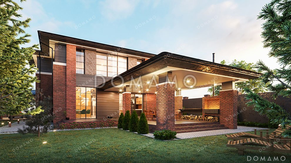 Проект двухэтажного дома с подвалом и навесом для авто / 2