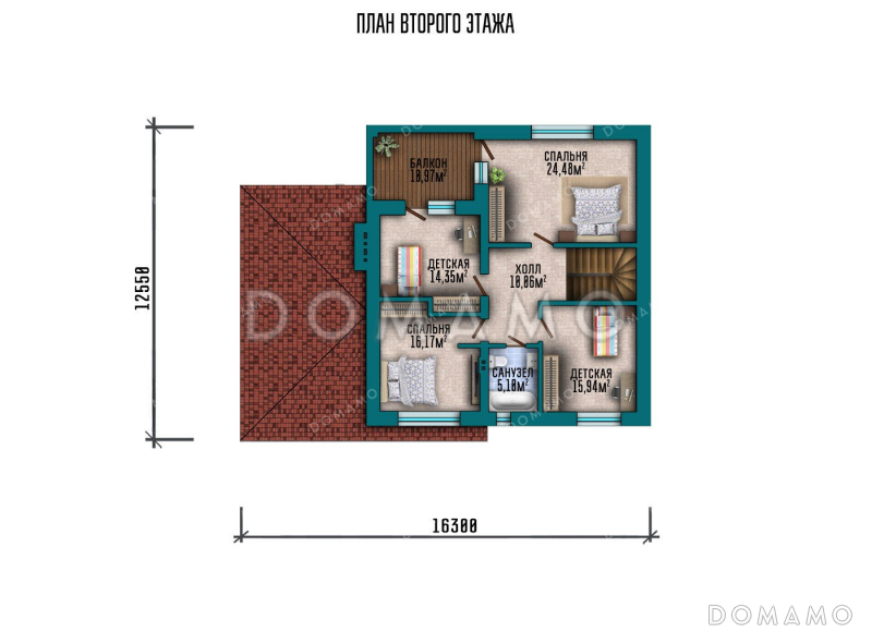Проект двухэтажного дома с террасой, гаражом и балконом / План 2 этажа