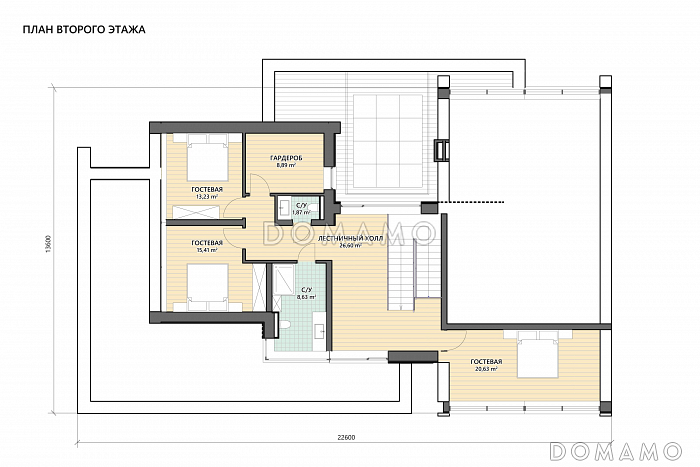 Проект дома с просторной дневной зоной, 4 спальнями, бассейном, сауной и джакузи на террасе / План 2 этажа Проект дома с просторной дневной зоной, 4 спальнями, бассейном, сауной и джакузи на террасе / План 2 этажа