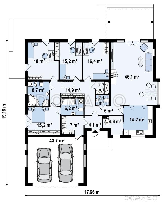 Проект просторного одноэтажного дома из кирпича с четырьмя спальнями и гаражом на два автомобиля / План 1 этажа