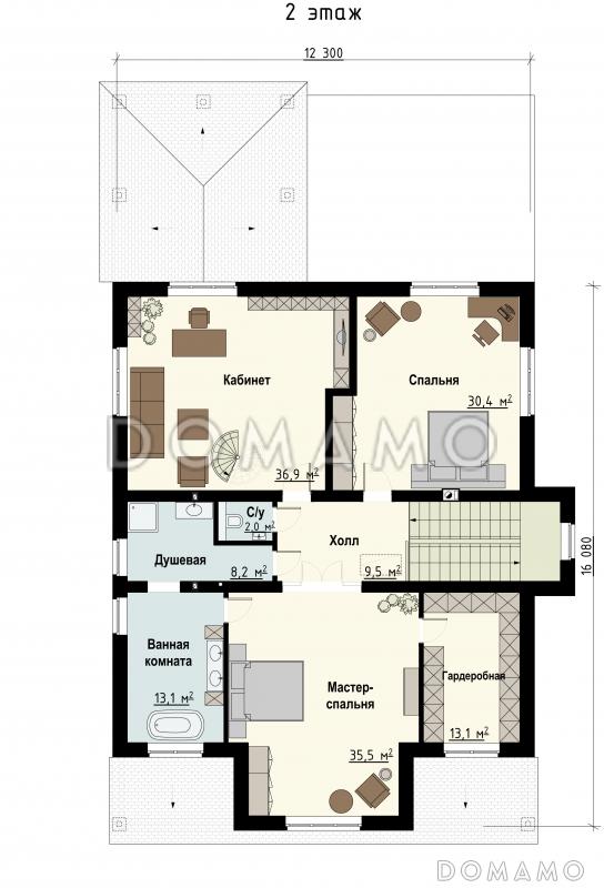Проект загородного дома с террасами, кабинетом винтовой лестницей на мансарду, большой хозяйской спальней / План 2 этажа Проект загородного дома с террасами, кабинетом винтовой лестницей на мансарду, большой хозяйской спальней / План 2 этажа