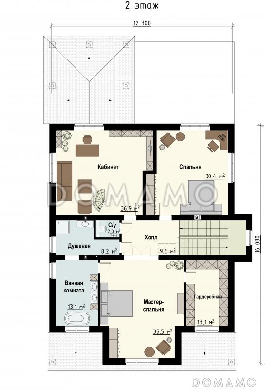 Проект загородного дома с террасами, кабинетом винтовой лестницей на мансарду, большой хозяйской спальней / План 2 этажа