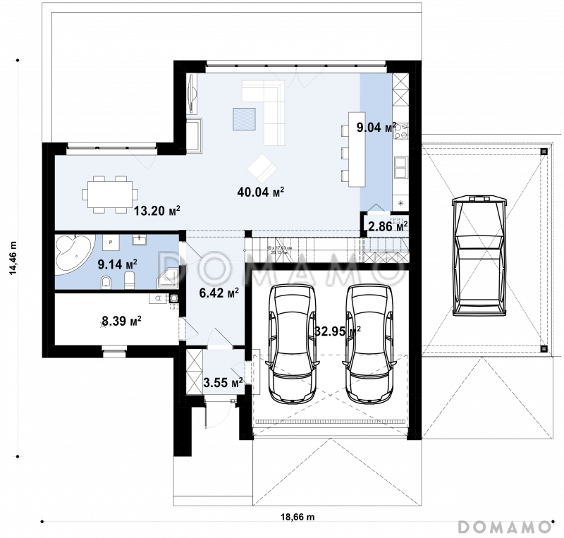 Проект двухэтажного кирпичного дома с террасой, бассейном, гаражом / План 1 этажа