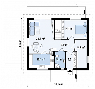 Проект одноэтажного дома из газобетона с оригинальной открытой террасой по периметру и с жилой мансардой / План 1 этажа Проект одноэтажного дома из газобетона с оригинальной открытой террасой по периметру и с жилой мансардой / План 1 этажа