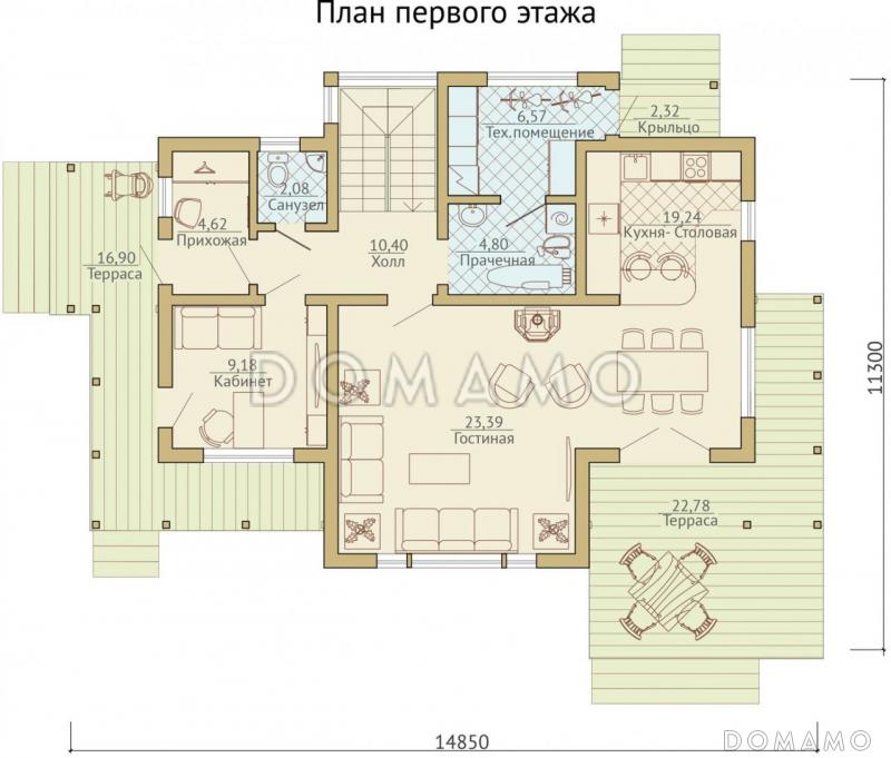 Проект каркасного дома с двумя угловыми балконами / План 1 этажа