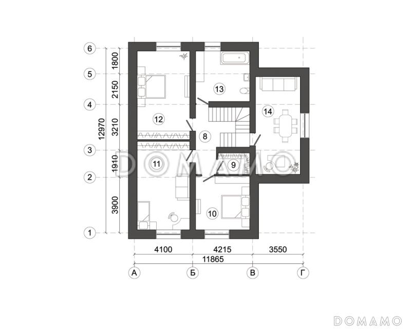 Проект дома с гаражом и нестандартным угловым решением входа / План мансардного этажа