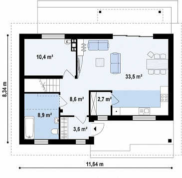 Проект одноэтажного мансардного дома из газобетона с большим техническим помещением и тремя спальнями / План 1 этажа