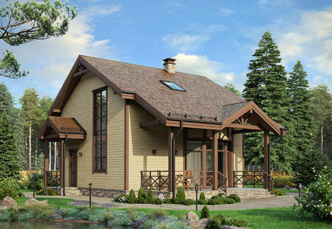 Проект дома с гостевой на первом этаже, гостиной с кухней-столовой, крытой террасой, кладовой в эркере мансардного этажа Проект дома с гостевой на первом этаже, гостиной с кухней-столовой, крытой террасой, кладовой в эркере мансардного этажа