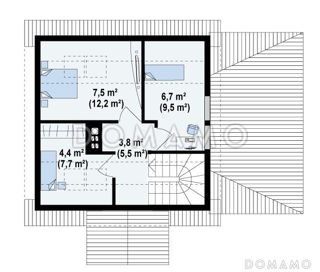 Проект компактного мансардного дома из кирпича с тремя спальнями и крытой террасой / План мансардного этажа