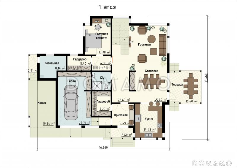 Проект загородного дома с гаражом, гостевой, террасой, кабинетом, балконом / План 1 этажа