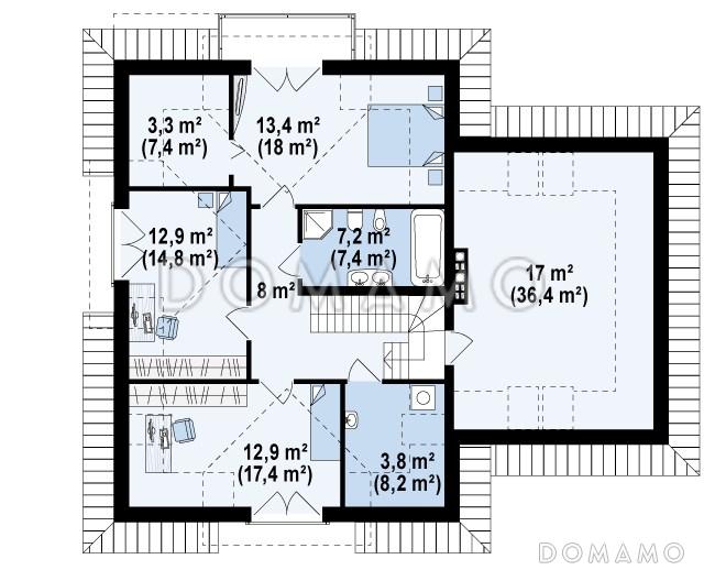 Проект одноэтажного мансардного дома из кирпича с кабинетом, гаражом и комнатой над гаражом / План мансардного этажа
