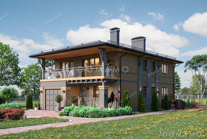 Проект двухэтажного дома с гаражом, 4 спальнями, широким балконом и большим крыльцом